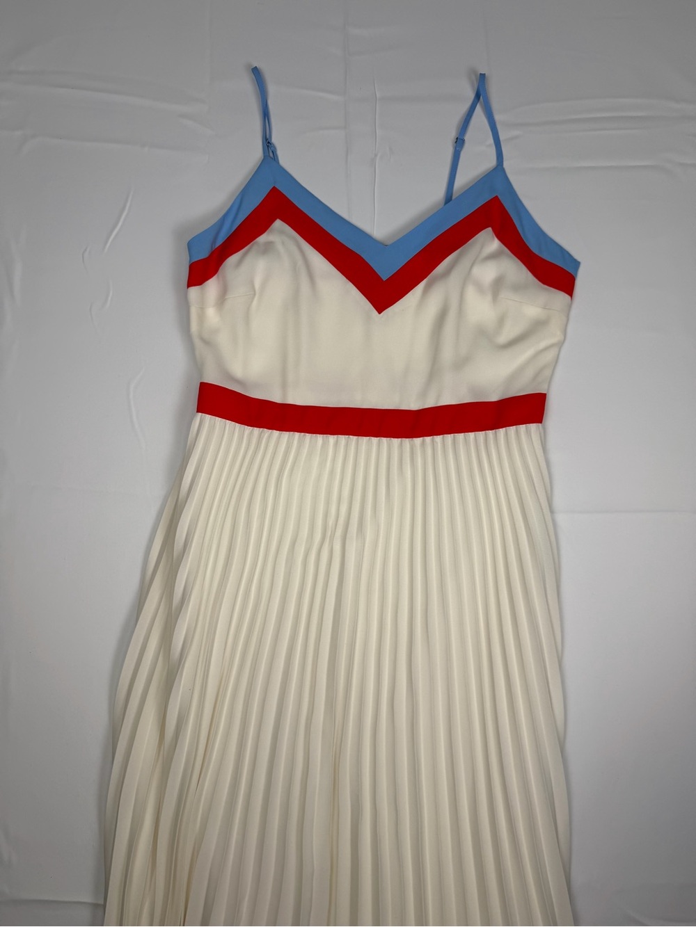 Banana Republic White Pleated Summer Midi Dress with Red & Light Blue Trim-4 - Picture 9 of 16
